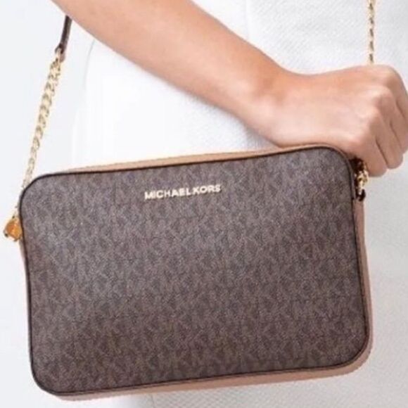 MICHAEL KORS EAST WEST JS Large CROSSBODY Messenger Shoulder Handbag Brown Logo - Picture 1 of 12